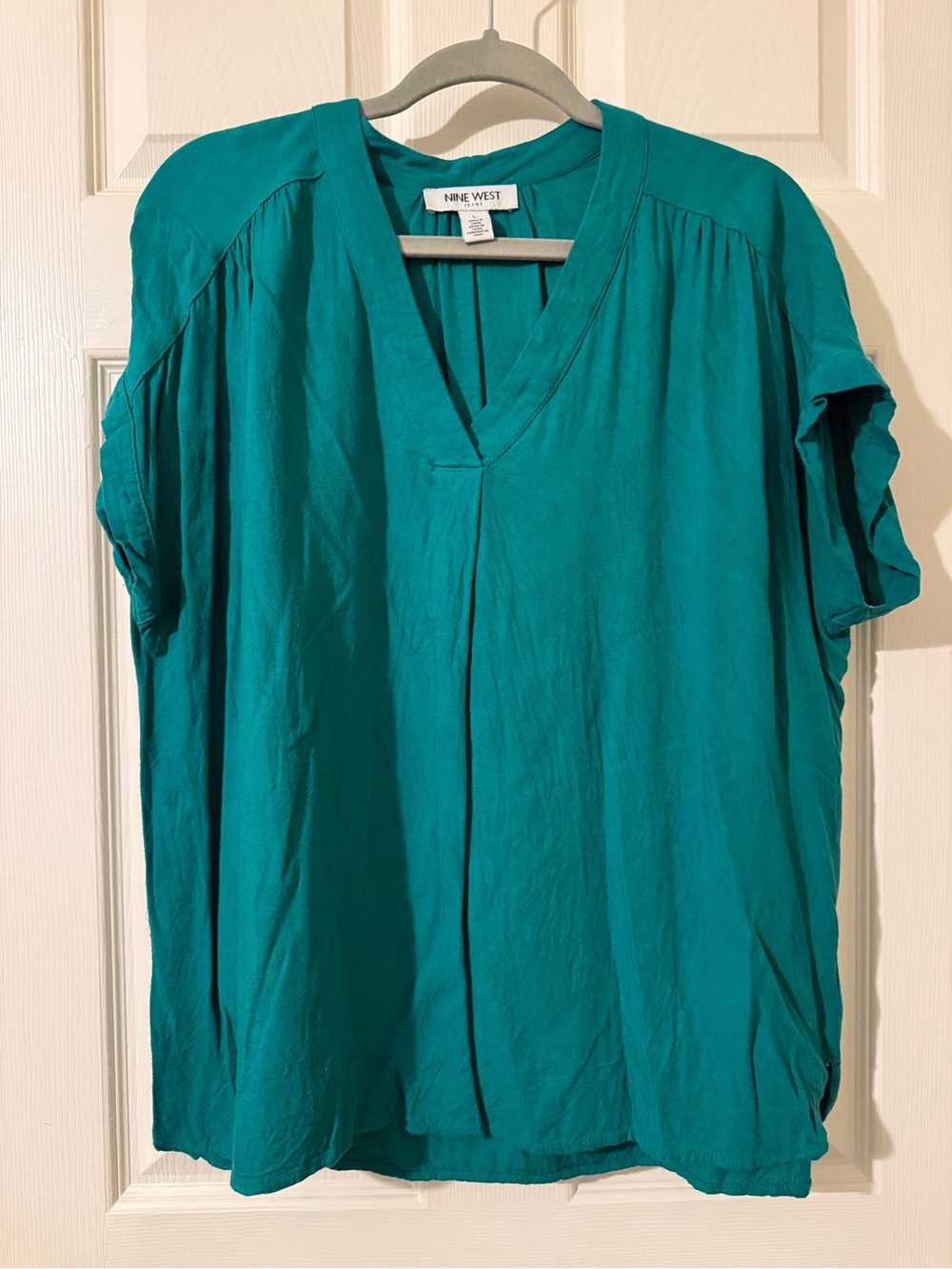 Nine West Teal V-Neck Short Sleeve Blouse